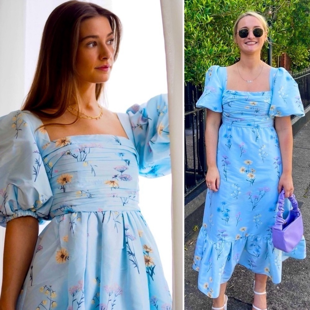 NWOT Self-Portrait Watercolor Taffeta Blue Puff Sleeve Floral Midi Dress Size 6 - Picture 4 of 8